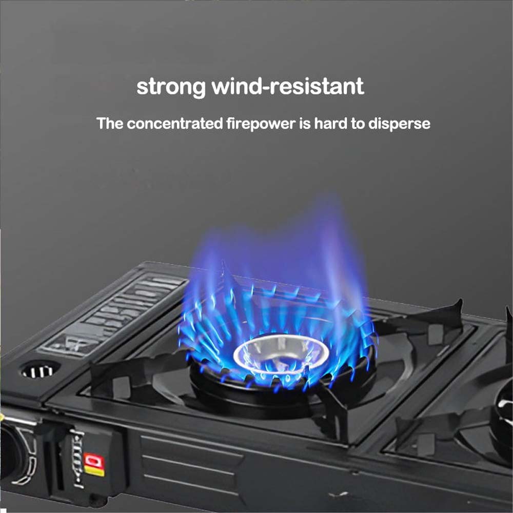 Portable Double Burner Card Stove. Windproof butane camp stove with 3-second ignition for fast outdoor cooking. Compact design.