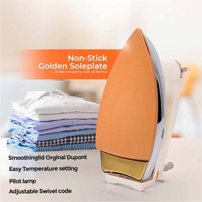 OE-21 Dry Iron with Teflon Coating. Suitable for all fabrics, ensuring smooth, scratch-free ironing. White and golden design.
