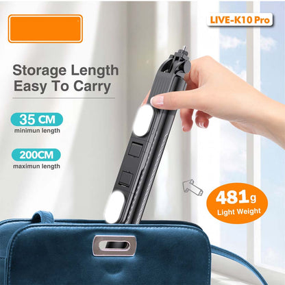 Live K10 PRO 6.5 Feet Tripod Stand Selfie Stick with 2 Chargeable Lights, Bluetooth Remote, 360° Rotatable, Compitable for DSLR, Smartphone, Vlogging, YouTube
