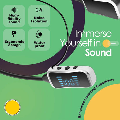 GHF-01 Wireless Neckband Headphones. 60hr playback, LED screen, deep bass, SD card mode & rainproof. Type-C charging.