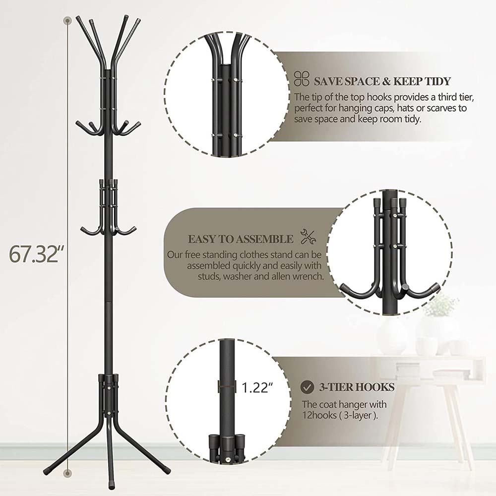 12-Hook Coat Rack Stand - Wrought Iron Clothing Hanger with Shelves, Freestanding Wardrobe Organizer for Bedroom/Entryway