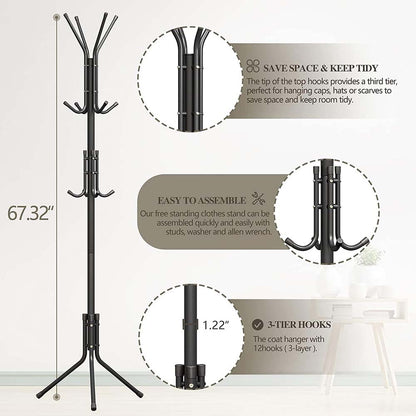 12-Hook Coat Rack Stand - Wrought Iron Clothing Hanger with Shelves, Freestanding Wardrobe Organizer for Bedroom/Entryway