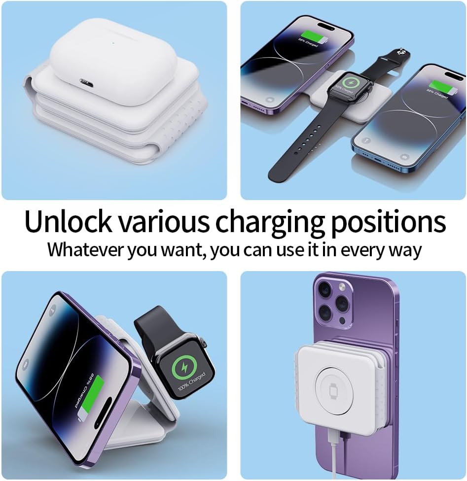 Foldable Magnet Wireless Charger | 3-in-1 Charging Bracket Stand | Compatible with iPhone, Android Phones, Watches, and AirPods