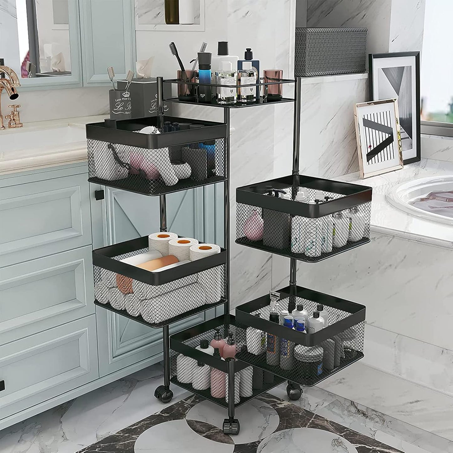 5-Layer Mobile Storage Solution | Rotatable Baskets with Wheels | Elegant Black | 92cm