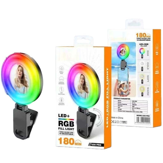 U20 PRO Ring Selfie Light - RGB Clip LED Fill Light with Tripod, Portable Mini Video Lighting for Phone & Camera (Black)
