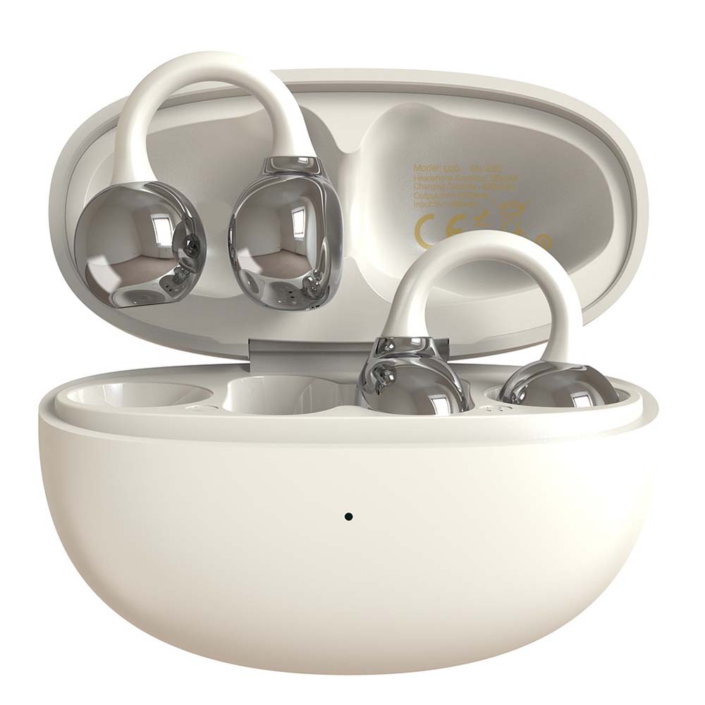 U-20 Open Ear Ring Headphones - Bluetooth 5.4 Clip-On OWS Earphones, 30H Battery, Noise-Cancelling, 4.9g Lightweight (White)