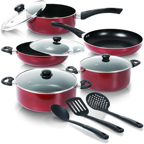 9-Piece Non-Stick Cookware Set - Cast Aluminum Casserole, Kadai, Frypan, Milkpan with Glass Lids & Nylon Spatulas, Heat-Resistant