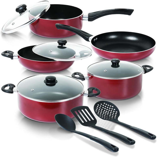 9-Piece Non-Stick Cookware Set - Cast Aluminum Casserole, Kadai, Frypan, Milkpan with Glass Lids & Nylon Spatulas, Heat-Resistant