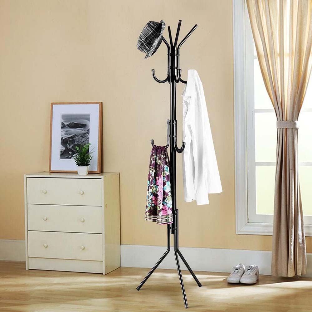 12-Hook Coat Rack Stand - Wrought Iron Clothing Hanger with Shelves, Freestanding Wardrobe Organizer for Bedroom/Entryway