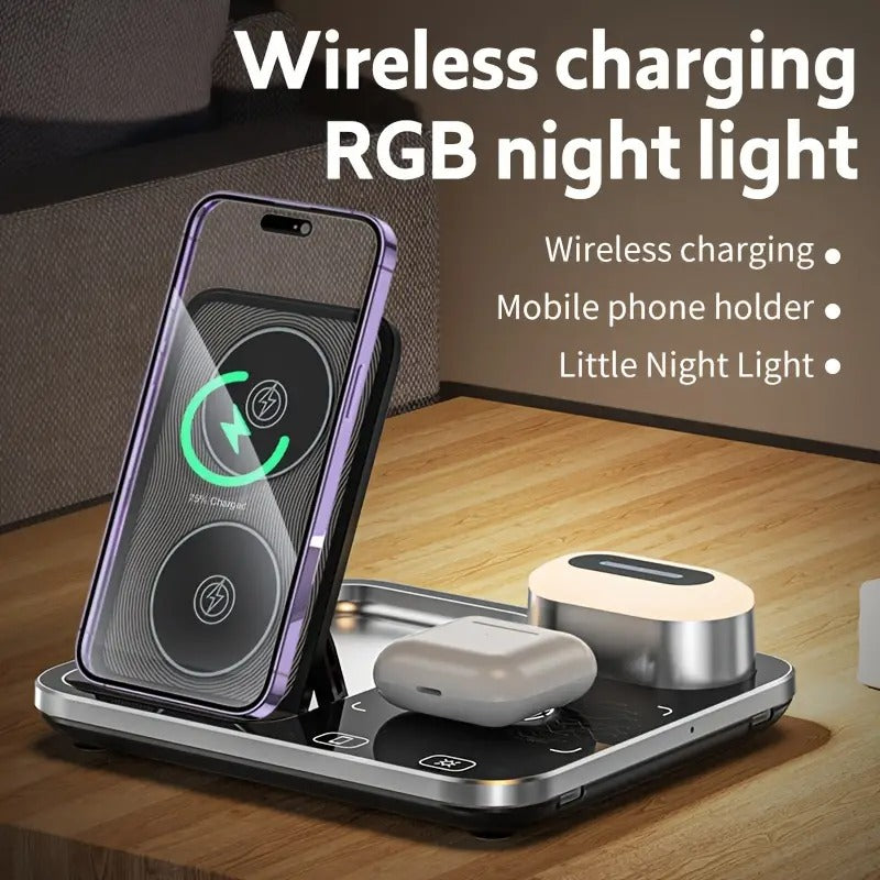 R12 Desktop Wireless Charger – 4-in-1 Automatic Lifting Station with RGB Light Effects and Sound-Controlled Lights