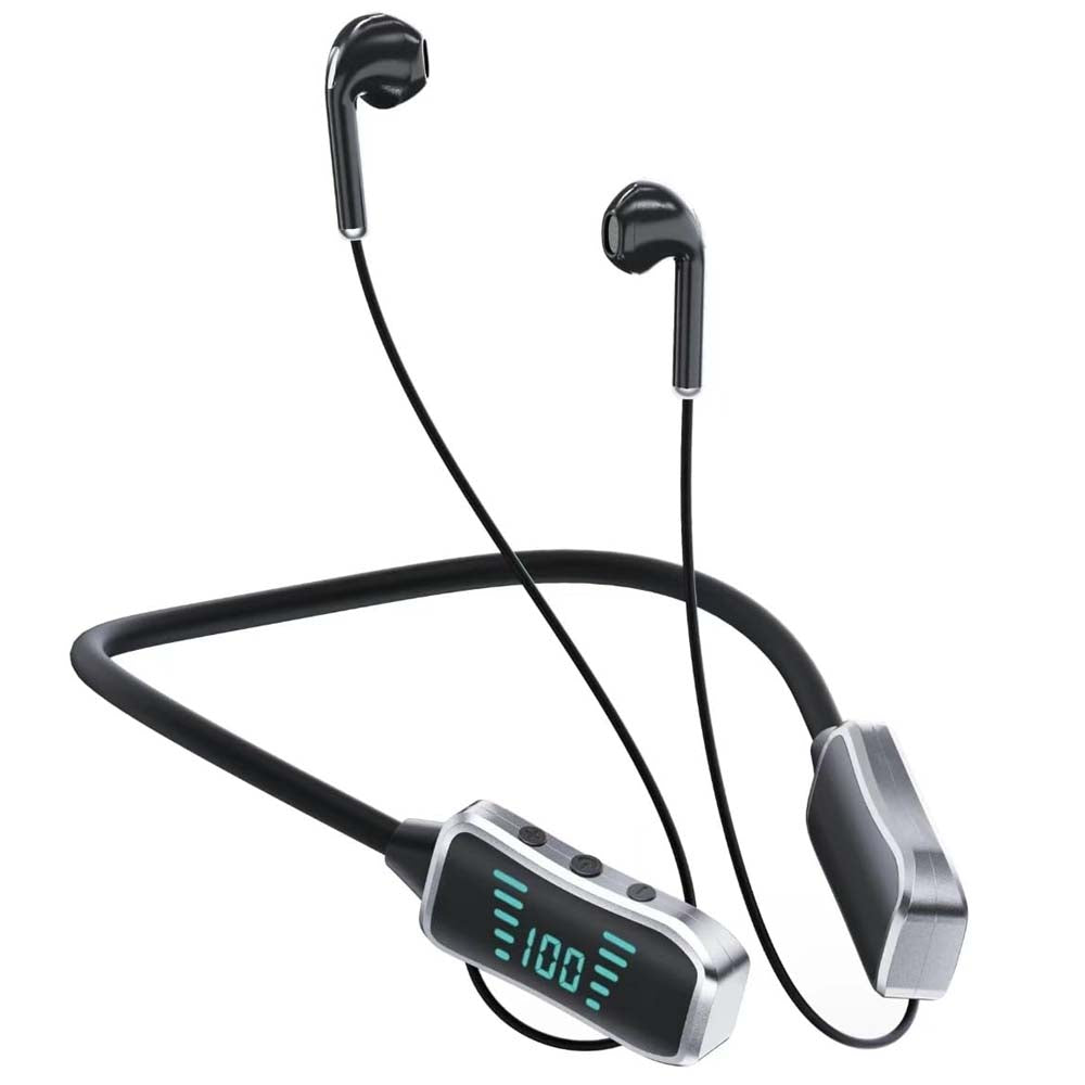 GHF-01 Wireless Neckband Headphones. 60hr playback, LED screen, deep bass, SD card mode & rainproof. Type-C charging.