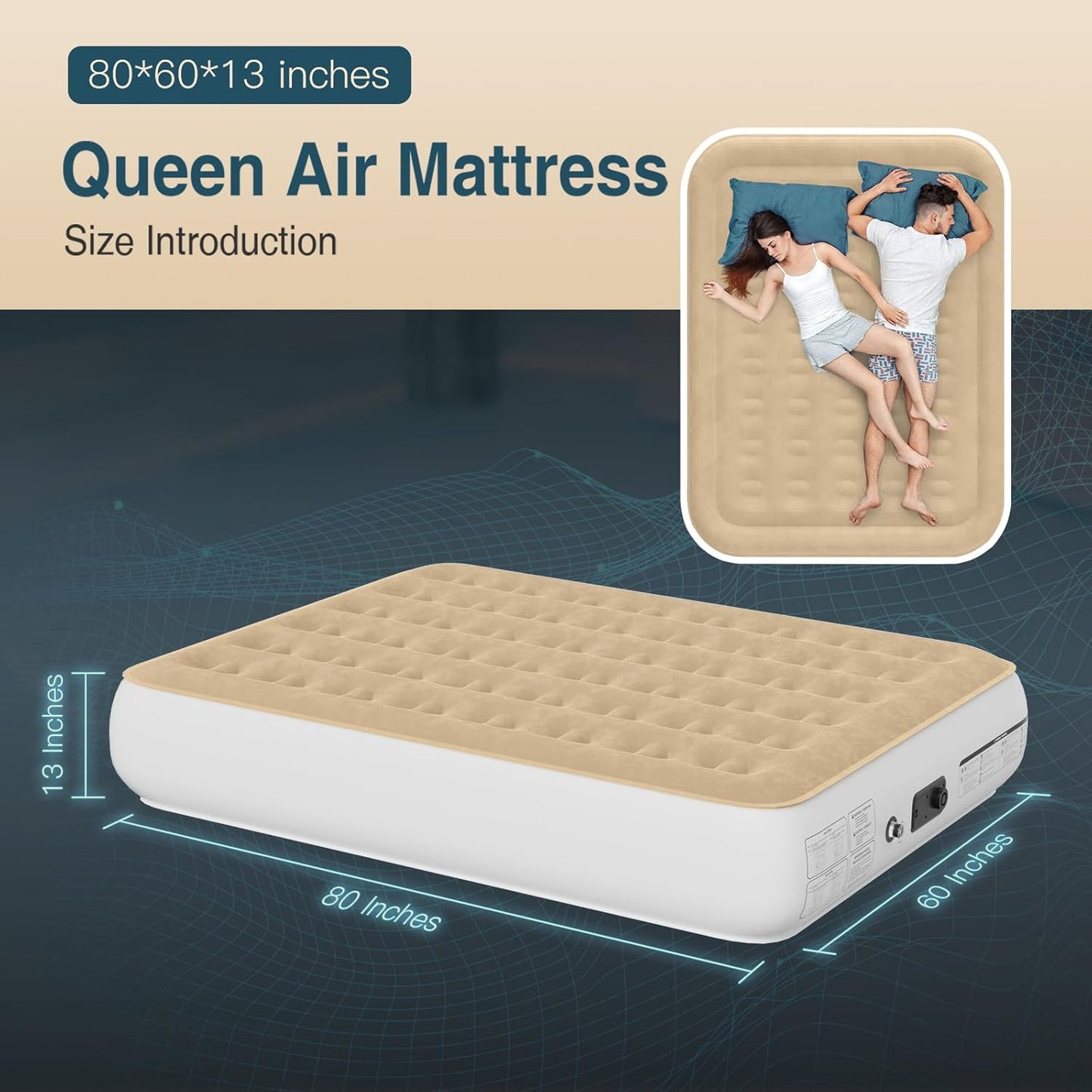 Air Mattress Queen with Built-in Pump - Inflatable Camping & Guest Mattress | Soft Flocked Top Blow-Up Bed | Durable, Foldable, and Comfortable | 80x60x18 Inches | Quick 1-3 Min Inflation