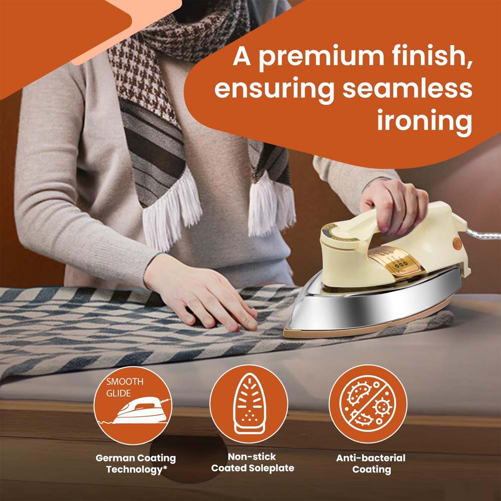 OE-21 Dry Iron with Teflon Coating. Suitable for all fabrics, ensuring smooth, scratch-free ironing. White and golden design.