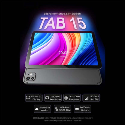 TAB 15 Tablet/10.1 Inch/4G SIM/iOS Style Operating System/5G Dual SIM/Octa Core Processor/Included Flip Cover&Keyboard/8GB RAM + 512 GB ROM/Android 13/6000 mAh/8MP Front+13 MP Rear (Multi-Colour)