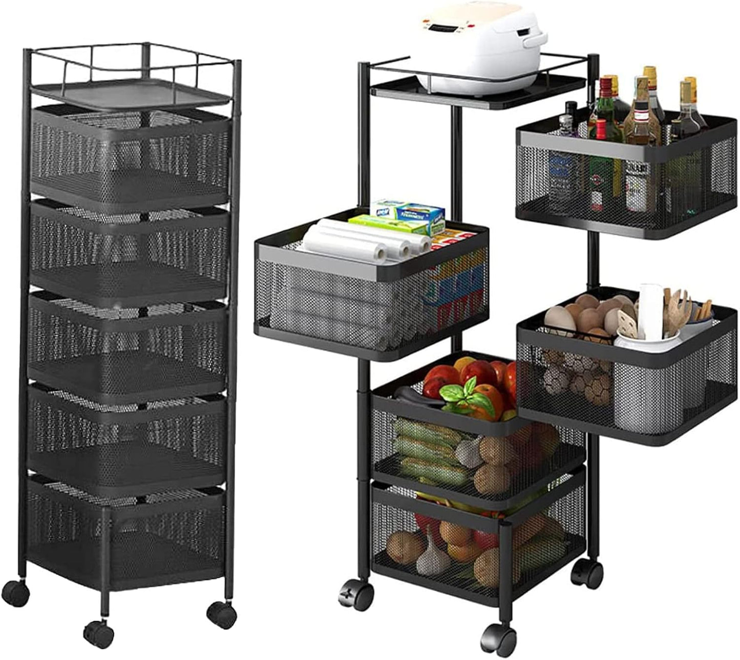 5-Layer Mobile Storage Solution | Rotatable Baskets with Wheels | Elegant Black | 92cm