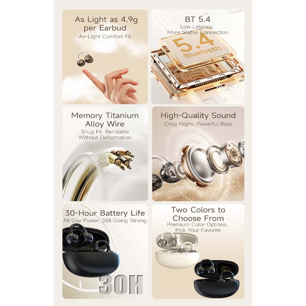 U-20 Open Ear Ring Headphones - Bluetooth 5.4 Clip-On OWS Earphones, 30H Battery, Noise-Cancelling, 4.9g Lightweight (Black)