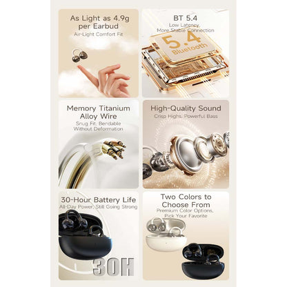 U-20 Open Ear Ring Headphones - Bluetooth 5.4 Clip-On OWS Earphones, 30H Battery, Noise-Cancelling, 4.9g Lightweight (Black)