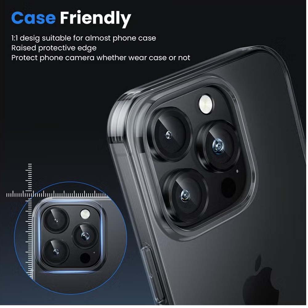 iPhone 14 Pro Max/15 Pro Camera Lens Protector - 3-Pack 9H Tempered Glass with Aluminum Alloy Ring (Black )