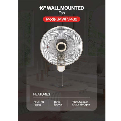 MWFV-432 16" Wall Mount Fan - 3-Speed, Adjustable Tilt, Quiet Operation for Home & Commercial Spaces Without remote