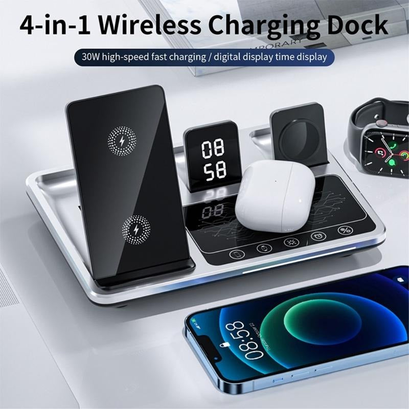R11 Multifunctional 4-in-1 Wireless Charger – Folding Portable Charging Station with Digital Display and Time Function