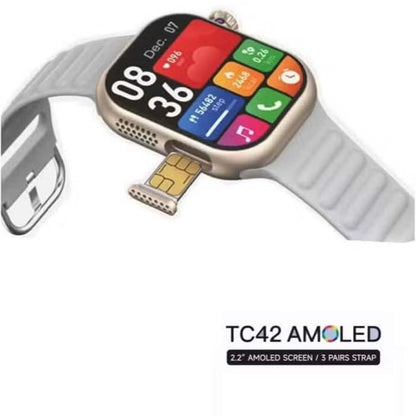 TC42 AMOLED 4G Smartwatch. 2.2" display, 8MP camera, SIM card slot. Unisex design with 3 straps in silver.