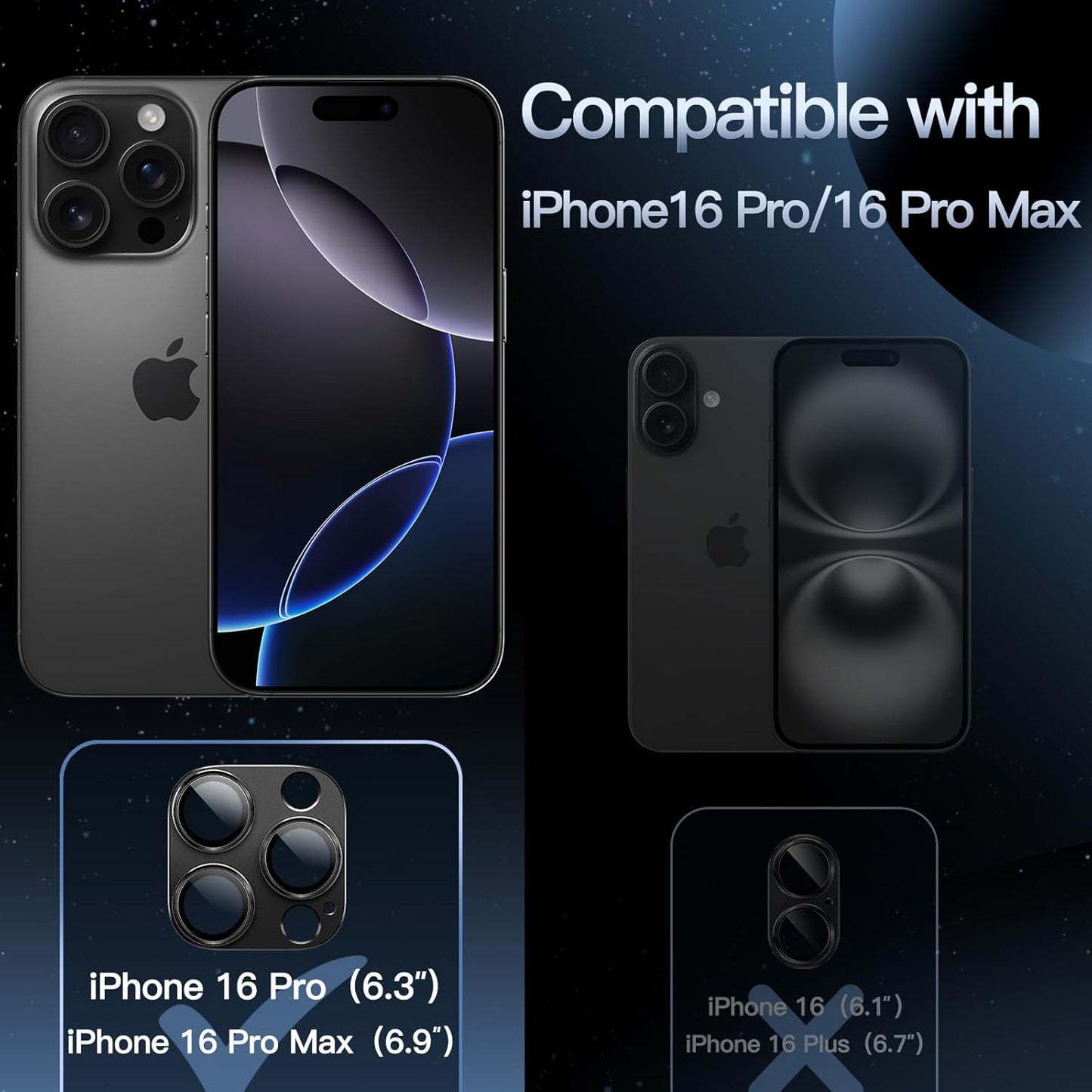 Camera Lens Protector for iPhone 16 Pro (6.3") and iPhone 16 Pro Max (6.9") – 9H Tempered Glass with Matte Metal Plate, Case-Friendly Full Coverage Lens Cover