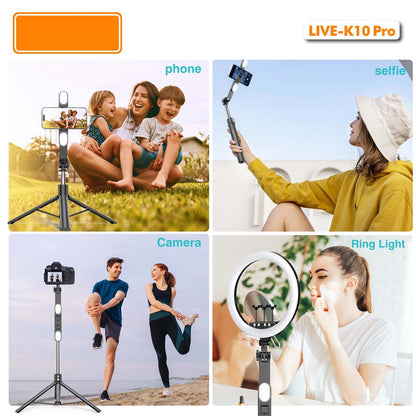 Live K10 PRO 6.5 Feet Tripod Stand Selfie Stick with 2 Chargeable Lights, Bluetooth Remote, 360° Rotatable, Compitable for DSLR, Smartphone, Vlogging, YouTube