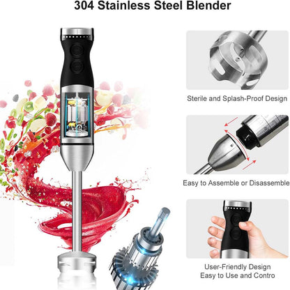 9-Speed Hand Blender - 5-in-1 Stainless Steel Handheld Mixer with Whisk, 700ml & 500ml Containers, Dishwasher Safe