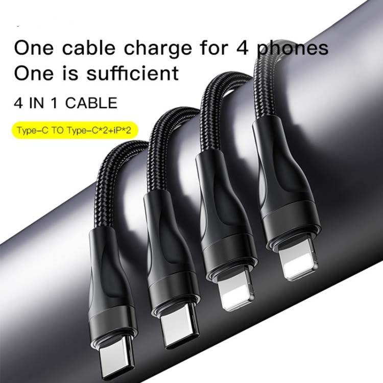 CA110 4-in-1 Type-C Data Cable – Multi-Device Charging Cable with 2 Type-C and 2 Lightning Connectors, 120cm Nylon Braided Fast Charger with Intelligent Constant Temperature Control, 20W 4A Output