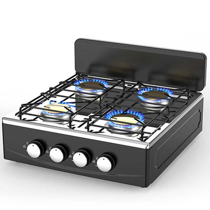 OE-441 European 4-Burner Gas Stove. Sabaf burners, pulse ignition & cast iron pan supports. For home & outdoor use.
