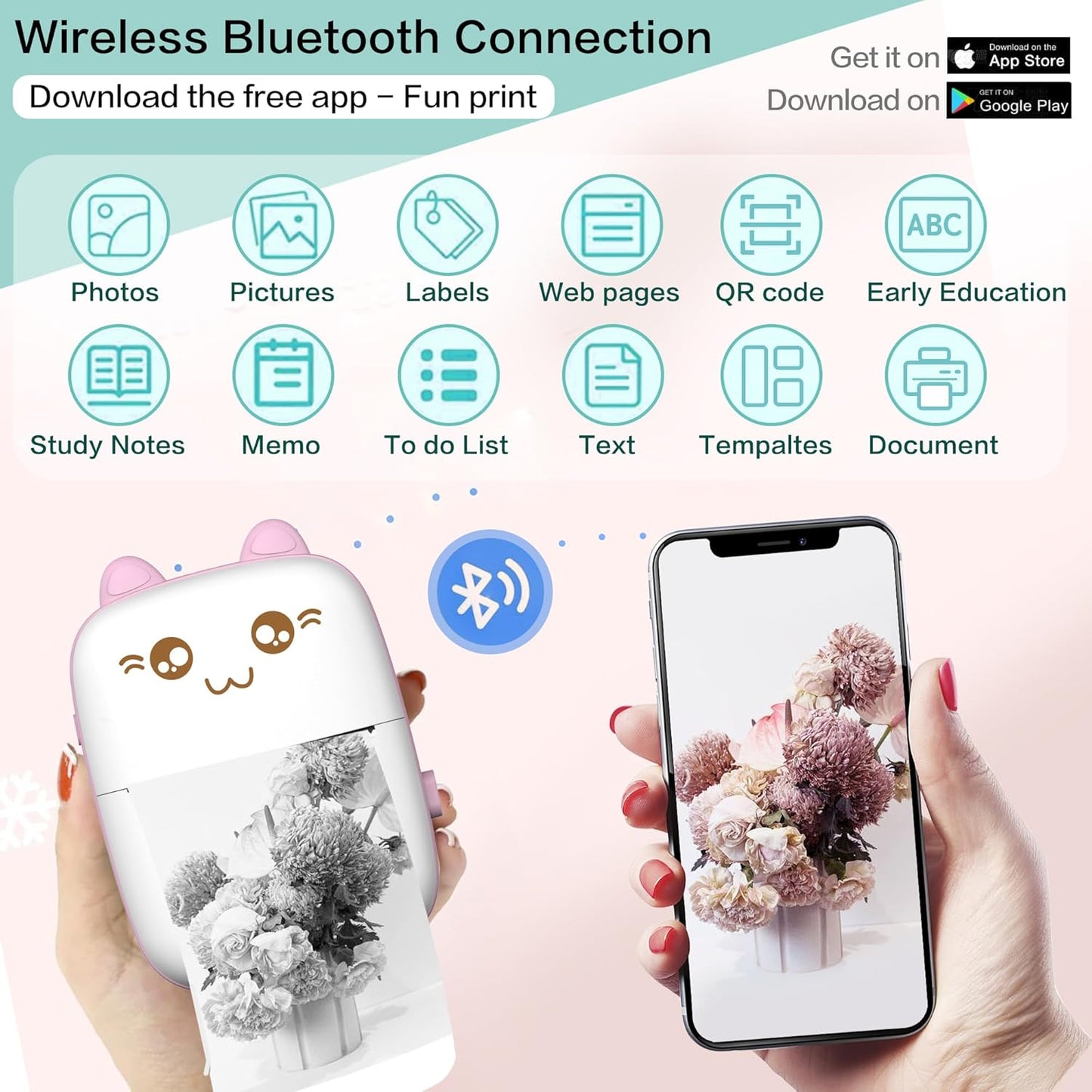 Portable Mini Sticker Printer. Inkless Bluetooth thermal printer for photos, memos & diary. iOS/Android compatible. Print on-the-go.