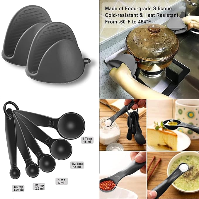 19-Piece Silicone Cooking Utensils & Knife Set with Block | Includes 11 Silicone Utensils, 5 Stainless Steel Knives, Scissors, Cutting Board | Black
