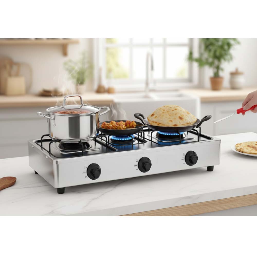 OE-444 3-Burner Gas Stove. Stainless steel enamel body with auto ignition for efficient, powerful triple-burner cooking.
