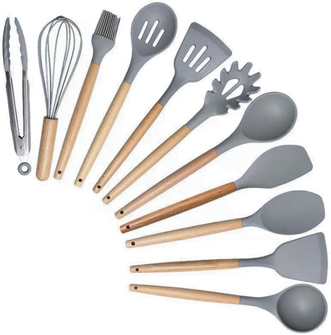 19-Piece Silicone Cooking Utensils & Knife Set with Block | Includes 11 Silicone Utensils, 5 Stainless Steel Knives, Scissors, Cutting Board | Grey
