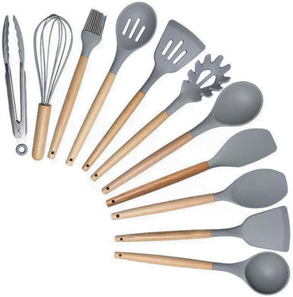 19-Piece Silicone Cooking Utensils & Knife Set with Block | Includes 11 Silicone Utensils, 5 Stainless Steel Knives, Scissors, Cutting Board | Grey