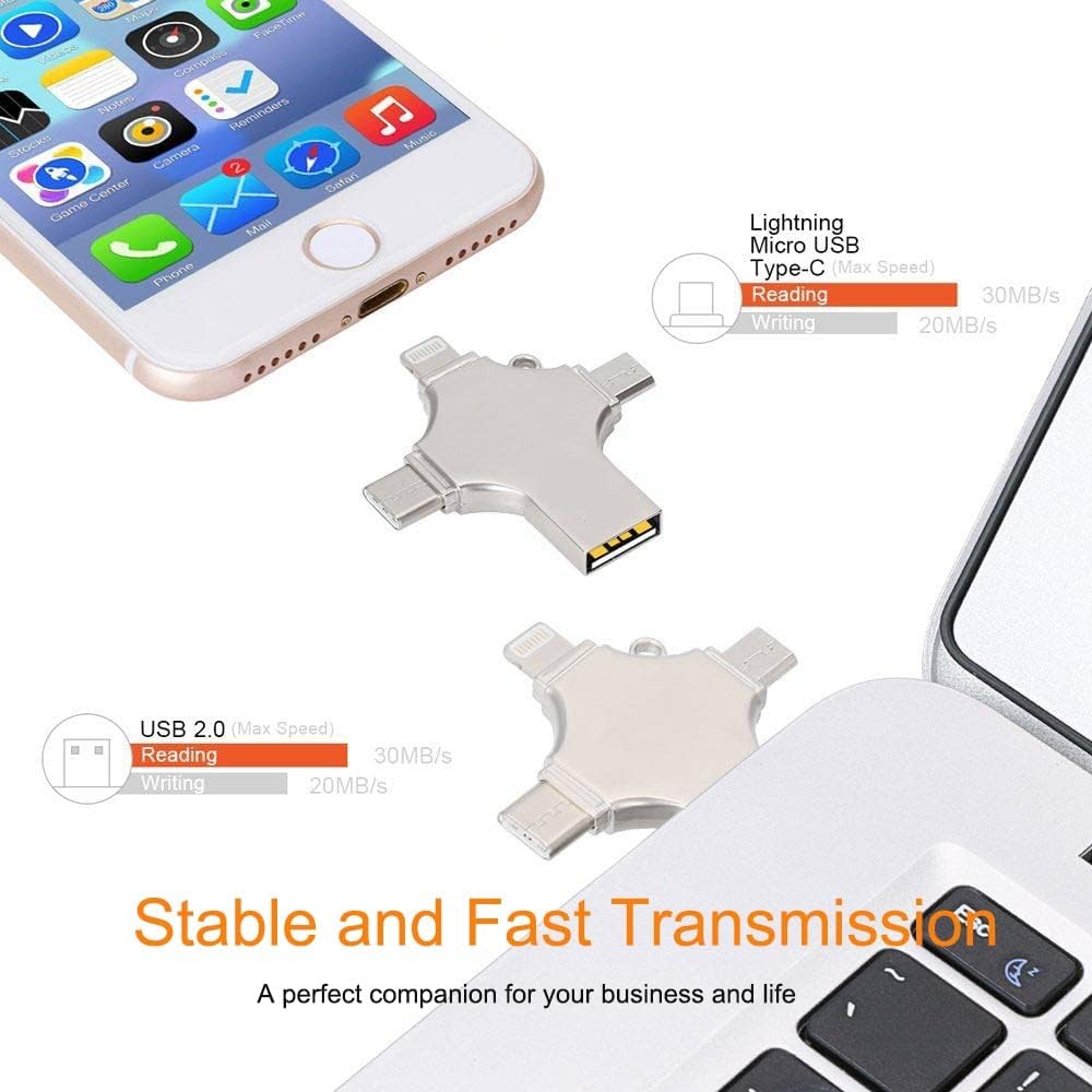 256GB 4-in-1 USB 3.0 Flash Drive - Compatible with iPhone, Android, iPad, Mac, PC, Galaxy S, Windows | High-Speed USB A, USB C, Micro USB & iPhone Connector | Ultra-Fast Thumb Drive, Jump Drive, Memory Stick, Portable Hard Drive