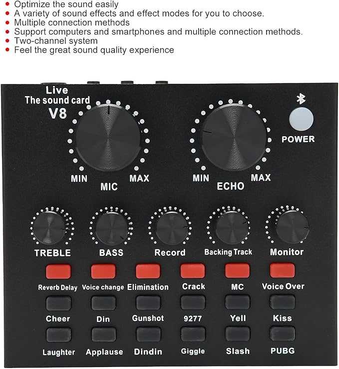 V8 Sound Card for Live Streaming – 2 Channels with Multiple Voice Changer Effects and 1200mAh Battery for Smartphones and Computers