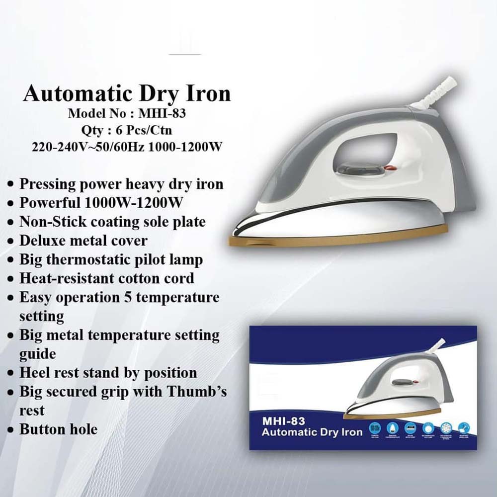 MHI-83 Automatic Dry Iron - 1800W with Ceramic Soleplate, Auto Shut-Off & Vertical Steam