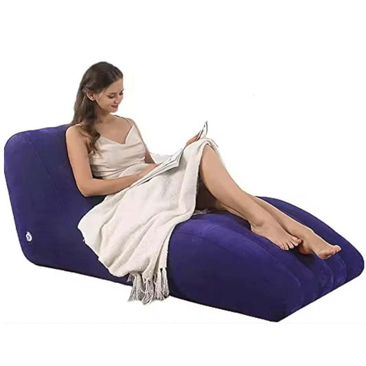 Folding Portable Inflatable Recliner Sofa – S-Type Lazy Flocking Lounge Chair with Foot Air Pump for Indoor Living Room & Outdoor Balcony (Blue)