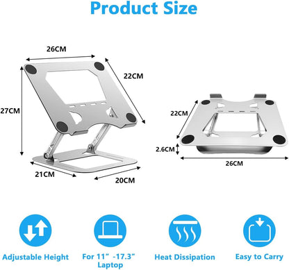 Adjustable Aluminum Laptop Stand - Ergonomic Foldable Riser for Desk, Notebook Computer Holder with Ventilation, Silver