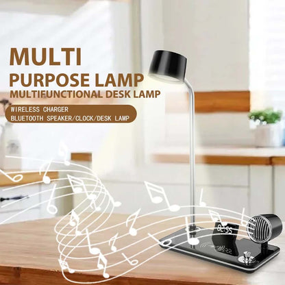 LED Desk Lamp with Wireless Charger, Bluetooth Speaker, Clock & Night Light - Modern Multifunctional Touch Control Design