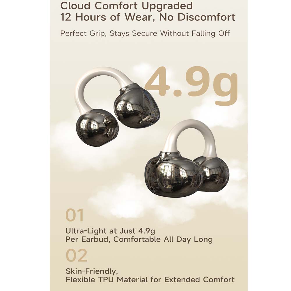 U-20 Open Ear Ring Headphones - Bluetooth 5.4 Clip-On OWS Earphones, 30H Battery, Noise-Cancelling, 4.9g Lightweight (Black)