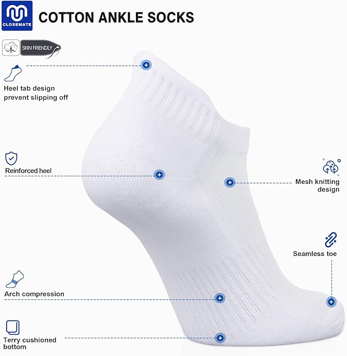 8 Pairs Men's Breathable Cotton Ankle Socks - Lightweight & Comfortable for Spring/Summer/Fall ( White)