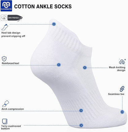 8 Pairs Men's Breathable Cotton Ankle Socks - Lightweight & Comfortable for Spring/Summer/Fall ( White)