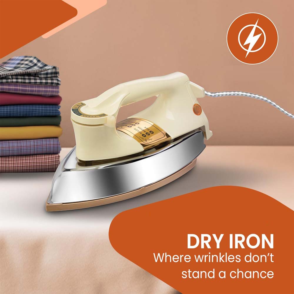 OE-21 Dry Iron with Teflon Coating. Suitable for all fabrics, ensuring smooth, scratch-free ironing. White and golden design.