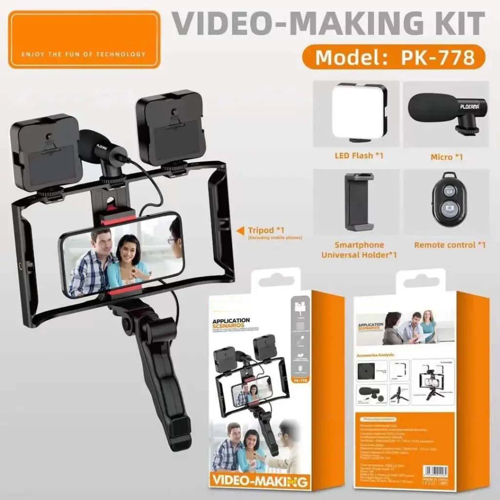 PK-778 5-in-1 Video Making Kit - Tripod, LED Light, Mic, Phone Holder & Remote for Content Creation