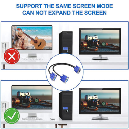 Dual VGA Splitter Cable: 1 Male to 2 Female Adapter for Dual Monitor Screen Duplication, High-Quality VGA Y Cable for PC, Laptop, and More.