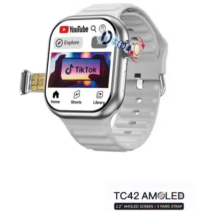 TC42 AMOLED 4G Smartwatch. 2.2" display, 8MP camera, SIM card slot. Unisex design with 3 straps in silver.