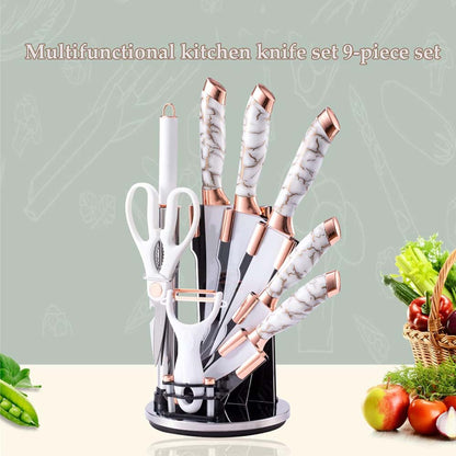 9-Piece White Kitchen Knife Set Ultra-sharp non-stick blades with cracked handle design & acrylic stand. Perfect gift set.