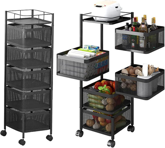 5-Layer Mobile Storage Solution | Rotatable Baskets with Wheels | Elegant Black | 92cm